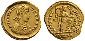 Römische Münzen 
 Kaiserzeit 
 Honorius 393-423 
 Solidus 395/402 -Mailand-. Ähnlich wie vorher. RIC 1206. 4,08 g
 leichte Randfehler, beschnitten...