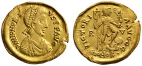 Römische Münzen 
 Kaiserzeit 
 Honorius 393-423 
 Solidus 402/406 -Ravenna-. Ähnlich wie vorher. RIC 1287. 4,36 g
 leichter Schrötlingsriß, sehr s...
