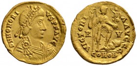 Römische Münzen 
 Kaiserzeit 
 Honorius 393-423 
 Solidus 402/406 -Ravenna-. Ähnlich wie vorher. RIC 1287. 4,29 g
 leicht gewellt, sehr schön