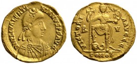 Römische Münzen 
 Kaiserzeit 
 Valentinian III. 425-455 
 Solidus 430/445 -Ravenna-. D N PLA VALENTINIANVS P F AVG. Drapierte und gepanzerte Büste ...