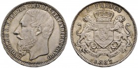 Ausländische Münzen und Medaillen 
 Belgisch-Kongo 
 5 Francs 1887. KM 8.1, Dav. 10.
 selten in dieser Erhaltung, Prachtexemplar mit feiner Patina,...