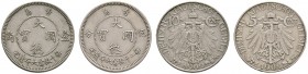 Ausländische Münzen und Medaillen 
 China-KIAU CHAU (dt. Kiautschou) 
 Lot (2 Stücke): 5 und 10 Cent 1909. J. 729,730.
 sehr schön-vorzüglich
