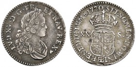 Ausländische Münzen und Medaillen 
 Frankreich-Königreich 
 Louis XV. 1715-1774 
 1/6 Ecu de France-Navarre 1720 -Straßburg-. Gad. 295, Ciani 2105,...