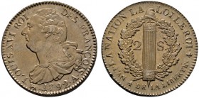 Ausländische Münzen und Medaillen 
 Frankreich-Königreich 
 Constitution 1791-1792 
 2 Sols 1792 (L'AN 4) -Paris-. Gad. 25, Dupl. 1722.
 sehr selt...