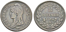 Ausländische Münzen und Medaillen 
 Frankreich-Königreich 
 1. Republik 1792-1799 
 Cu-2 Decimes L'AN 4 (1796) -Paris-. Gad. 300.
 sehr schön-vorz...