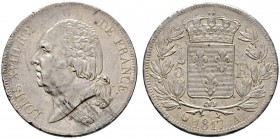 Ausländische Münzen und Medaillen 
 Frankreich-Königreich 
 Louis XVIII. 1814, 1815-1824 
 5 Francs 1817 -Paris-. Gad. 614, Dav. 87.
 kleine Randf...