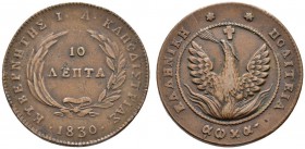 Ausländische Münzen und Medaillen 
 Griechenland 
 Johannes Capodistrias 1827-1831 
 Cu-10 Lepta 1830 -Aegina-. Divo 3a, KM 8.
 überdurchschnittli...