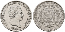Ausländische Münzen und Medaillen 
 Italien-Sardinien 
 Carlo Felice 1821-1831 
 5 Lire 1828 -Turin-. Pagani 75, Dav. 135.
 gutes sehr schön