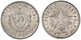 Ausländische Münzen und Medaillen 
 Kuba 
 20 Centavos 1915. KM 13.1.
 feine Patina, vorzüglich-Stempelglanz