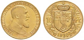 Ausländische Münzen und Medaillen 
 Liechtenstein 
 Franz I. 1929-1938 
 10 Franken 1930 -Bern-. Divo 125, HMZ 2-1384a, Fr. 16. 3,23 g. Auflage: 2....