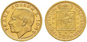 Ausländische Münzen und Medaillen 
 Liechtenstein 
 Franz Joseph II. 1938-1989 
 20 Franken 1946 -Bern-. Divo 129, HMZ 2-1388a, Fr. 17. 6,46 g. Auf...