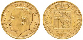 Ausländische Münzen und Medaillen 
 Liechtenstein 
 Franz Joseph II. 1938-1989 
 10 Franken 1946 -Bern-. Divo 130, HMZ 2-1389a, Fr. 18. 3,24 g. Auf...