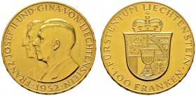 Ausländische Münzen und Medaillen 
 Liechtenstein 
 Franz Joseph II. 1938-1989 
 100 Franken 1952 -Bern-. Divo 131, HMZ 2-1385a, Fr. 19. 32,44 g. A...
