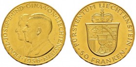Ausländische Münzen und Medaillen 
 Liechtenstein 
 Franz Joseph II. 1938-1989 
 50 Franken 1956 -Bern-. Divo 133, HMZ 2-1386a, Fr. 20. 11,35 g. Au...