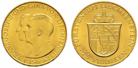 Ausländische Münzen und Medaillen 
 Liechtenstein 
 Franz Joseph II. 1938-1989 
 25 Franken 1956 -Bern-. Divo 135, HMZ 2-1387a, Fr. 21. 5,67 g. Auf...