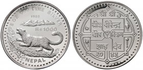 Ausländische Münzen und Medaillen 
 Nepal 
 Birendra Bir Bikram 2028-2058 VS/1971-2001 AH. Silbermünze zu 1.000 Rupee 1988. Schnee­leopard. KM 1036....