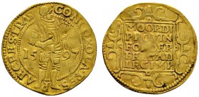 Ausländische Münzen und Medaillen 
 Niederlande-Utrecht 
 Ritterdukat 1597. Delm. 963, Fr. 284. 3,43 g
 minimal gewellt, sehr schön