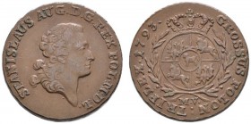 Ausländische Münzen und Medaillen 
 Polen 
 Stanislaus August 1763-1795 
 Cu-Grossus 1793. Kopicki 2272, Gum. 2345.
 selten in dieser Erhaltung, v...