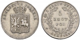 Ausländische Münzen und Medaillen 
 Polen 
 Freiheitskampf 1830-1831 
 5 Zlote (= 5 Gulden) 1831 -Warschau-. Kopicki 2749 (R2), Gum. 2539.
 sehr s...