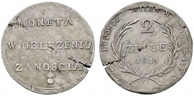 Ausländische Münzen und Medaillen 
 Polen-Zamosc, Festung und Stadt 
 Notmünze zu 2 Zlote 1813. Dreizeilige Inschrift über kleiner Granate mit brenn...