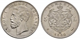 Ausländische Münzen und Medaillen 
 Rumänien 
 Carol I. 1866-1914 
 5 Lei 1880 -Bukarest-. Mit Signatur KULLRICH am Halsabschnitt. Schäffer/ Stambu...