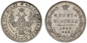Ausländische Münzen und Medaillen 
 Rußland 
 Nikolaus I. 1825-1855 
 Poltina (1/2 Rubel) 1848 -St. Petersburg-. Bitkin 261 (ungenau), Uzdenikov 16...
