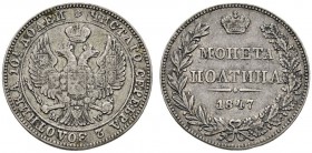 Ausländische Münzen und Medaillen 
 Rußland 
 Nikolaus I. 1825-1855 
 Poltina (1/2 Rubel) 1847 -Warschau-. Bitkin 439, Uzdenikov 1653.
 sehr schön...
