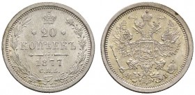 Ausländische Münzen und Medaillen 
 Rußland 
 Alexander II. 1855-1881 
 20 Kopeken 1877 -St. Petersburg-. Bitkin 228, Uzdenikov 1925.
 vorzüglich-...