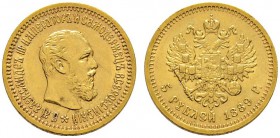 Ausländische Münzen und Medaillen 
 Rußland 
 Alexander III. 1881-1894 
 5 Rubel 1889 -St. Petersburg-. Bitkin 33, Uzdenikov 298, Fr. 168. 6,47 g
...