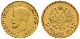 Ausländische Münzen und Medaillen 
 Rußland 
 Nikolaus II. 1894-1917 
 10 Rubel 1903 -St. Petersburg-. Bitkin 11, Uzdenikov 345, Fr. 179. 8,62 g
 ...