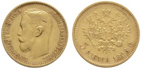 Ausländische Münzen und Medaillen 
 Rußland 
 Nikolaus II. 1894-1917 
 5 Rubel 1898 -St. Petersburg-. Bitkin 20, Uzdenikov 328, Fr. 180. 4,27 g
 m...