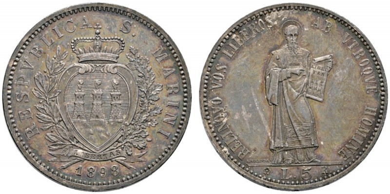 Ausländische Münzen und Medaillen 
 San Marino 
 5 Lire 1898. KM 6, Dav. 302, ...