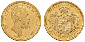 Ausländische Münzen und Medaillen 
 Schweden 
 Oskar II. 1872-1907 
 20 Kronor 1877. Fr. 93a, Schl. 115. 9,00 g
 vorzüglich-Stempelglanz