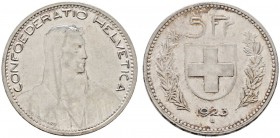 Ausländische Münzen und Medaillen 
 Schweiz-Eidgenossenschaft 
 5 Franken 1923 -Bern-. DT 299, HMZ 2-1199c, Dav. 393.
 leichte Tönung, gutes vorzüg...