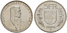 Ausländische Münzen und Medaillen 
 Schweiz-Eidgenossenschaft 
 5 Franken 1926 -Bern-. DT 300, HMZ 2-1199f, Dav. 394.
 Prachtexemplar, winzige Krat...
