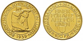 Ausländische Münzen und Medaillen 
 Schweiz-Eidgenossenschaft 
 100 Franken 1939. Schützenfest in Luzern. HMZ 2-1344b, Richter 908, Fr. 506. 17,53 g...