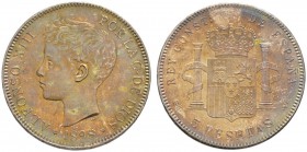 Ausländische Münzen und Medaillen 
 Spanien 
 Alfonso XIII. 1886-1931 
 5 Pesetas 1898 (18-98) -Madrid-. CCT 27, Dav. 344.
 Prachtexemplar mit her...