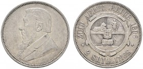 Ausländische Münzen und Medaillen 
 Südafrika 
 Republik 
 2 Shillings 1896. Ohm Krüger. KM 6.
 minimale Kratzer, vorzüglich