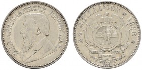 Ausländische Münzen und Medaillen 
 Südafrika 
 Republik 
 2 1/2 Shillings 1896. Ohm Krüger. KM 7.
 minimale Kratzer, vorzüglich