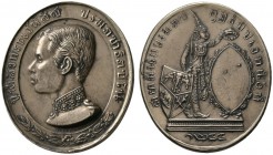 Ausländische Münzen und Medaillen 
 Thailand/Siam 
 Rama V. (Chulalongkorn) 1868-1910 
 Hochovale, silberne Prämienmedaille o.J. Büste in Uniform n...