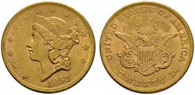Ausländische Münzen und Medaillen 
 USA 
 20 Dollars (Double Eagle) 1853 -Philadelphia-. Liberty Head. Eagle without motto. KM 74.1, Fr. 169. 33,56 ...
