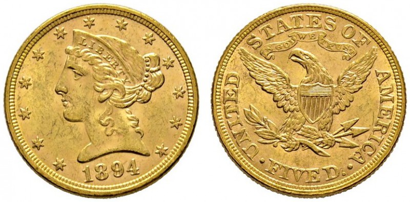 Ausländische Münzen und Medaillen 
 USA 
 5 Dollars 1894 -Philadelphia-. Liber...