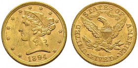 Ausländische Münzen und Medaillen 
 USA 
 5 Dollars 1894 -Philadelphia-. Liberty Head. KM 101, Fr. 143. 8,39 g
 fast vorzüglich