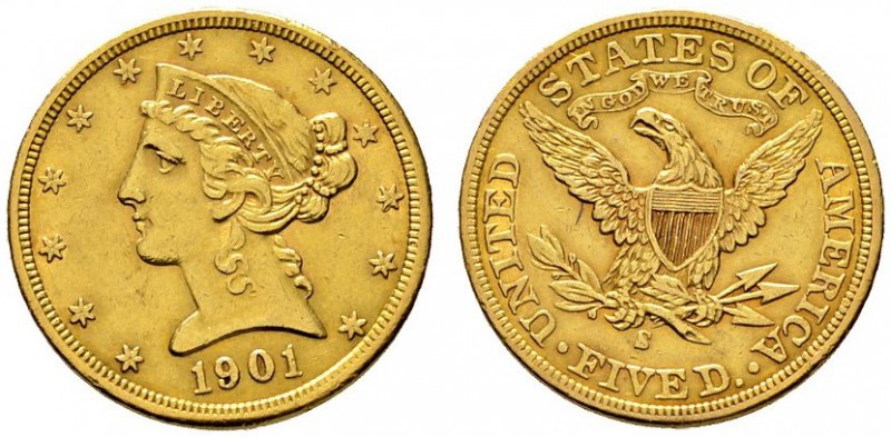 Ausländische Münzen und Medaillen 
 USA 
 5 Dollars 1901 -San Francisco-. Libe...
