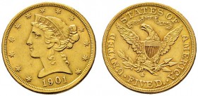 Ausländische Münzen und Medaillen 
 USA 
 5 Dollars 1901 -San Francisco-. Liberty Head. KM 101, Fr. 145. 8,36 g
 kleine Randfehler, gutes sehr schö...