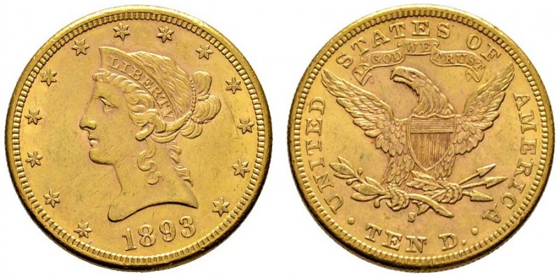 Ausländische Münzen und Medaillen 
 USA 
 10 Dollars 1893 -San Francisco-. Lib...