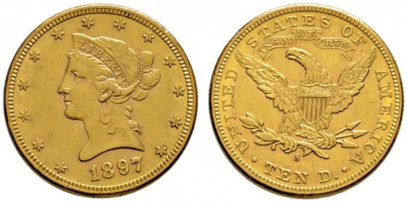 Ausländische Münzen und Medaillen 
 USA 
 10 Dollars 1897 -San Francisco-. Lib...