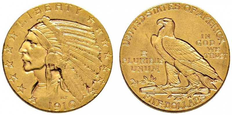 Ausländische Münzen und Medaillen 
 USA 
 5 Dollars 1910 -Philadelphia-. India...