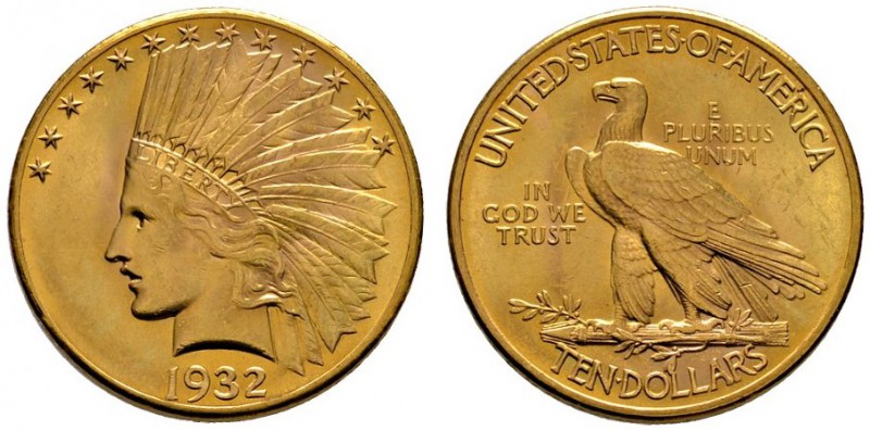 Ausländische Münzen und Medaillen 
 USA 
 10 Dollars 1932 -Philadelphia-. Indi...