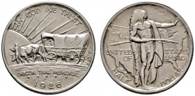 Ausländische Münzen und Medaillen 
 USA 
 Gedenk-1/2 Dollar 1926 -San Francisco-. Oregon Trail Memorial. KM 159.
 vorzüglich-prägefrisch